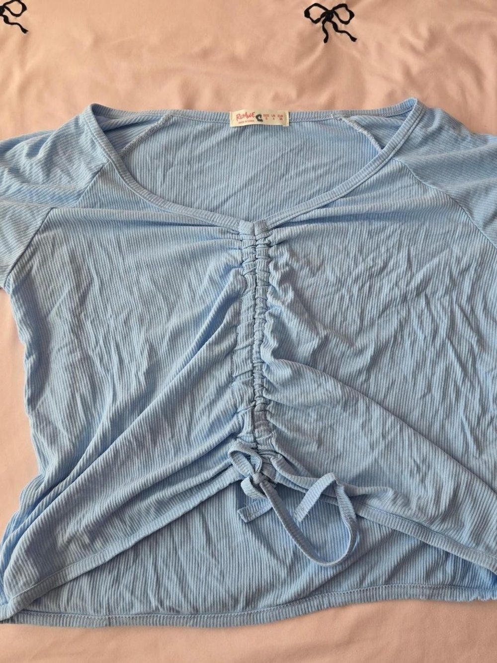 ROMWE Light Blue Ruched Crop Top with Drawstring